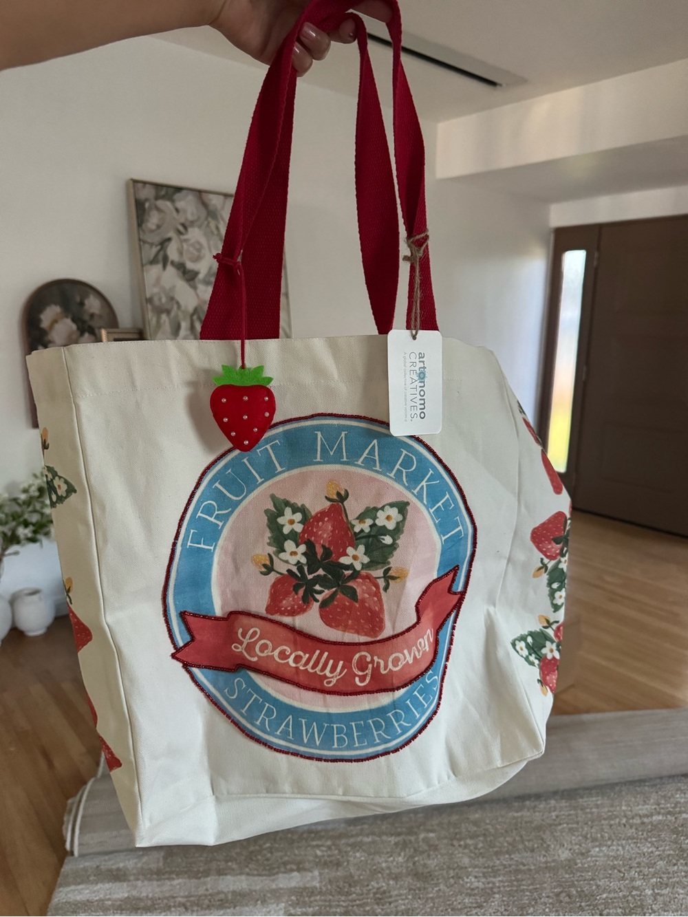 Locally Grown Strawberry Canvas Tote Bag with Red Handles